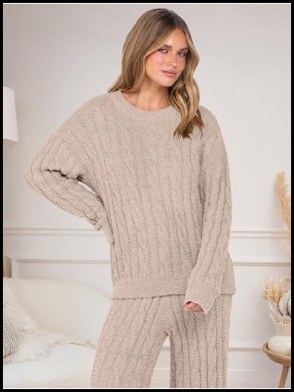 Cozy Cable Knit Sweater and Wide Leg Pants Lounge Set for Women - Picture 4 of 6